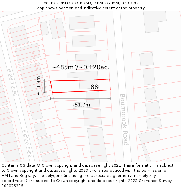 88, BOURNBROOK ROAD, BIRMINGHAM, B29 7BU: Plot and title map