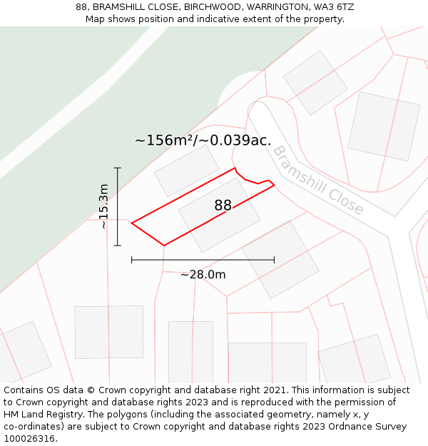 88, BRAMSHILL CLOSE, BIRCHWOOD, WARRINGTON, WA3 6TZ: Plot and title map