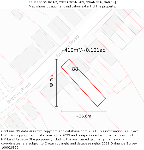 88, BRECON ROAD, YSTRADGYNLAIS, SWANSEA, SA9 1HJ: Plot and title map
