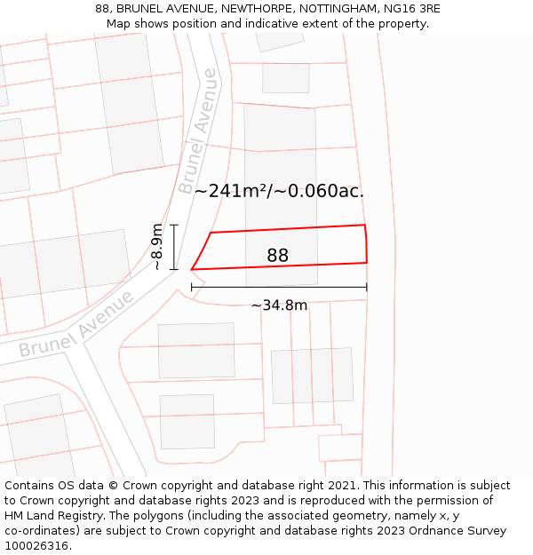 88, BRUNEL AVENUE, NEWTHORPE, NOTTINGHAM, NG16 3RE: Plot and title map