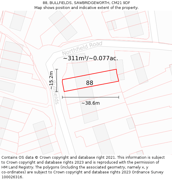 88, BULLFIELDS, SAWBRIDGEWORTH, CM21 9DF: Plot and title map