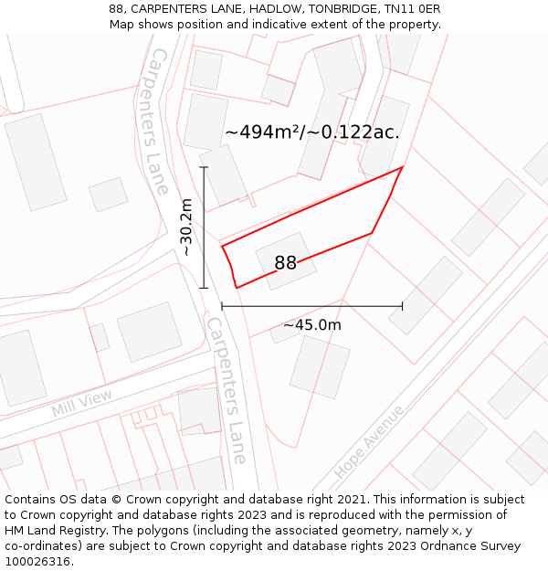 88, CARPENTERS LANE, HADLOW, TONBRIDGE, TN11 0ER: Plot and title map