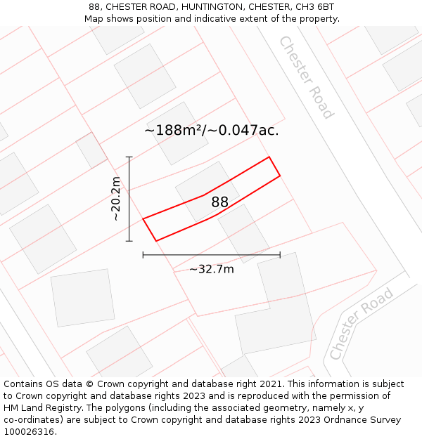 88, CHESTER ROAD, HUNTINGTON, CHESTER, CH3 6BT: Plot and title map