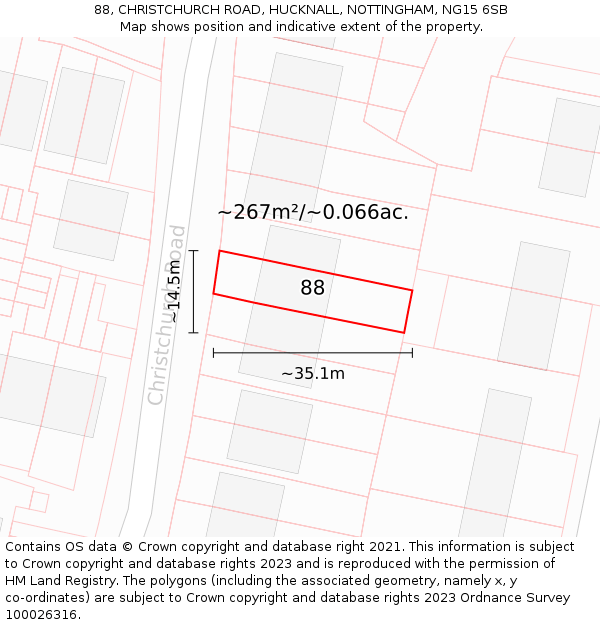88, CHRISTCHURCH ROAD, HUCKNALL, NOTTINGHAM, NG15 6SB: Plot and title map