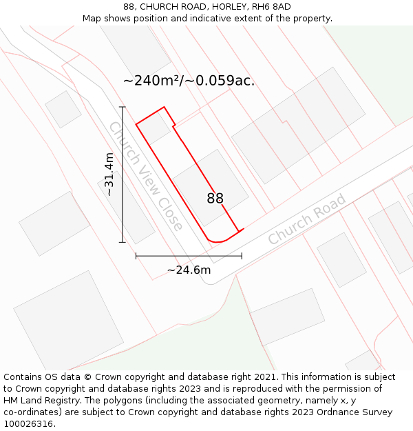 88, CHURCH ROAD, HORLEY, RH6 8AD: Plot and title map