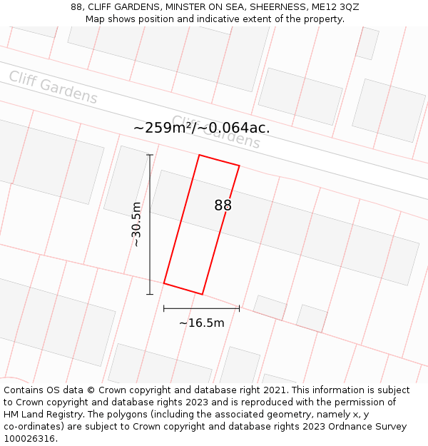 88, CLIFF GARDENS, MINSTER ON SEA, SHEERNESS, ME12 3QZ: Plot and title map