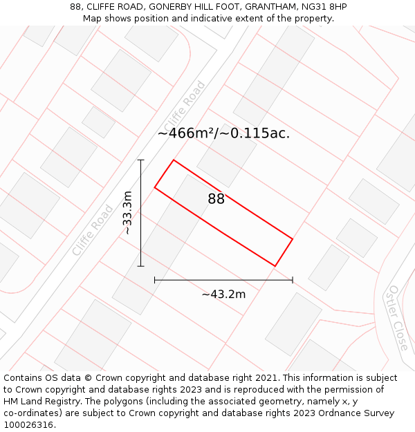 88, CLIFFE ROAD, GONERBY HILL FOOT, GRANTHAM, NG31 8HP: Plot and title map