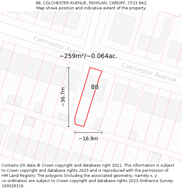 88, COLCHESTER AVENUE, PENYLAN, CARDIFF, CF23 9AZ: Plot and title map