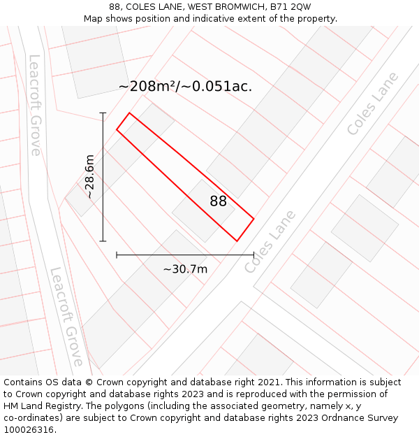 88, COLES LANE, WEST BROMWICH, B71 2QW: Plot and title map