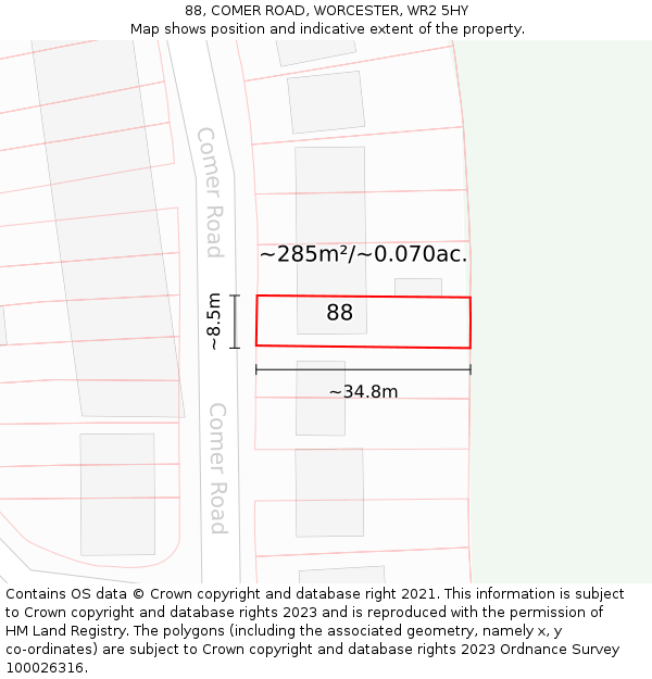 88, COMER ROAD, WORCESTER, WR2 5HY: Plot and title map