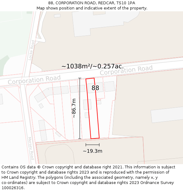 88, CORPORATION ROAD, REDCAR, TS10 1PA: Plot and title map