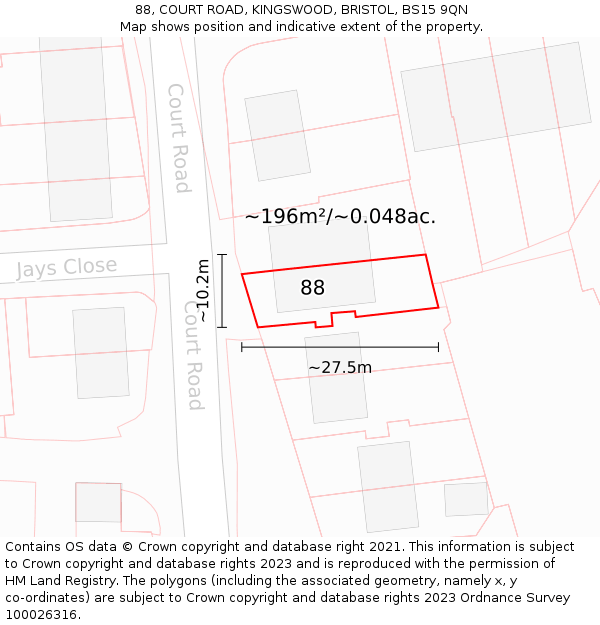 88, COURT ROAD, KINGSWOOD, BRISTOL, BS15 9QN: Plot and title map