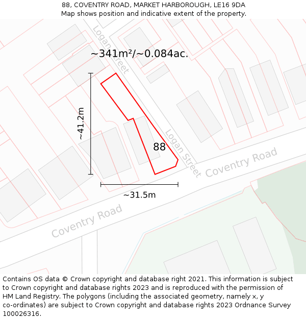 88, COVENTRY ROAD, MARKET HARBOROUGH, LE16 9DA: Plot and title map