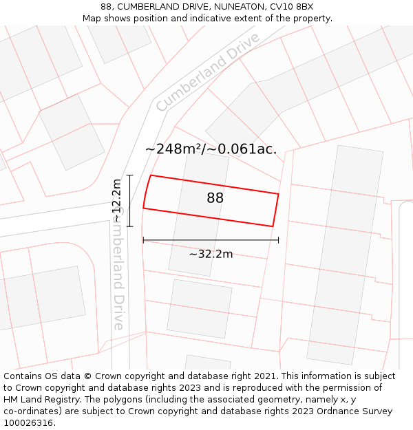 88, CUMBERLAND DRIVE, NUNEATON, CV10 8BX: Plot and title map