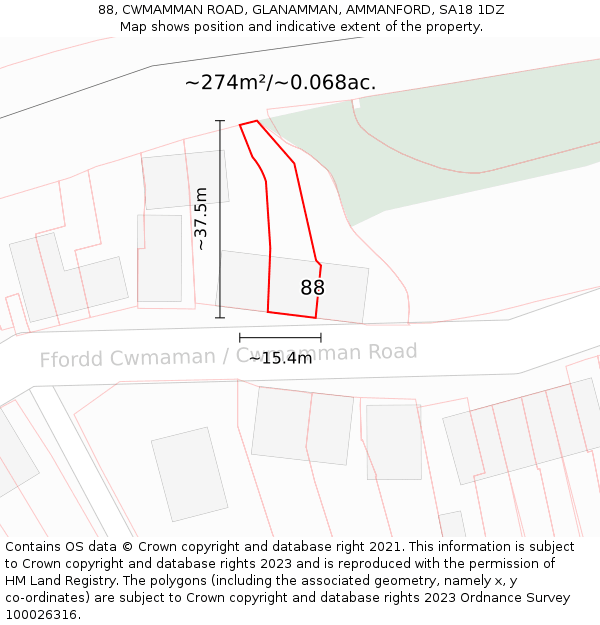 88, CWMAMMAN ROAD, GLANAMMAN, AMMANFORD, SA18 1DZ: Plot and title map