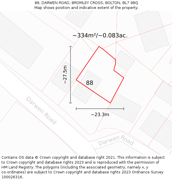 88, DARWEN ROAD, BROMLEY CROSS, BOLTON, BL7 9BQ: Plot and title map