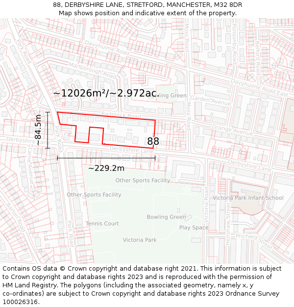 88, DERBYSHIRE LANE, STRETFORD, MANCHESTER, M32 8DR: Plot and title map