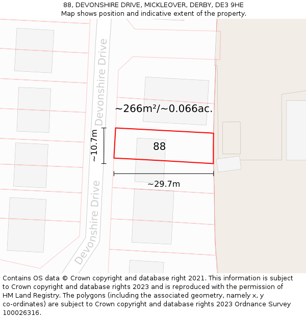 88, DEVONSHIRE DRIVE, MICKLEOVER, DERBY, DE3 9HE: Plot and title map