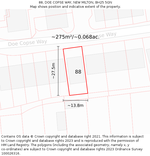 88, DOE COPSE WAY, NEW MILTON, BH25 5GN: Plot and title map