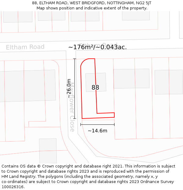 88, ELTHAM ROAD, WEST BRIDGFORD, NOTTINGHAM, NG2 5JT: Plot and title map