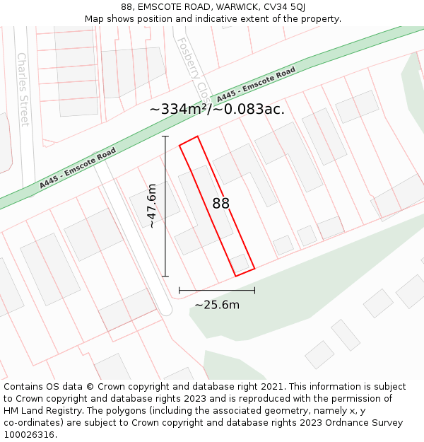 88, EMSCOTE ROAD, WARWICK, CV34 5QJ: Plot and title map