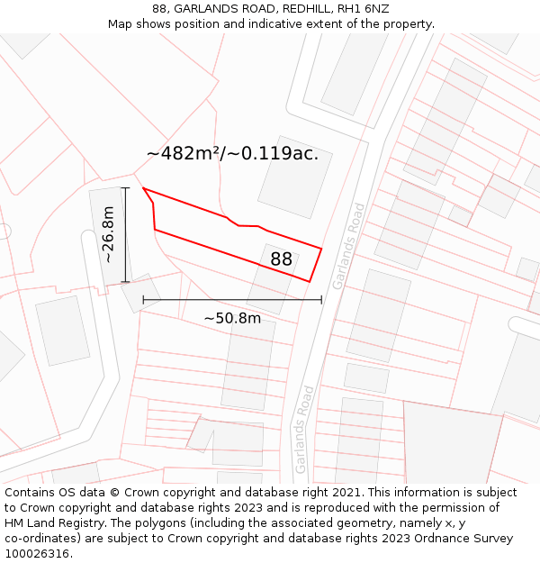 88, GARLANDS ROAD, REDHILL, RH1 6NZ: Plot and title map