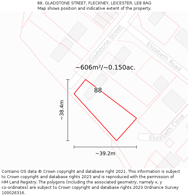 88, GLADSTONE STREET, FLECKNEY, LEICESTER, LE8 8AG: Plot and title map