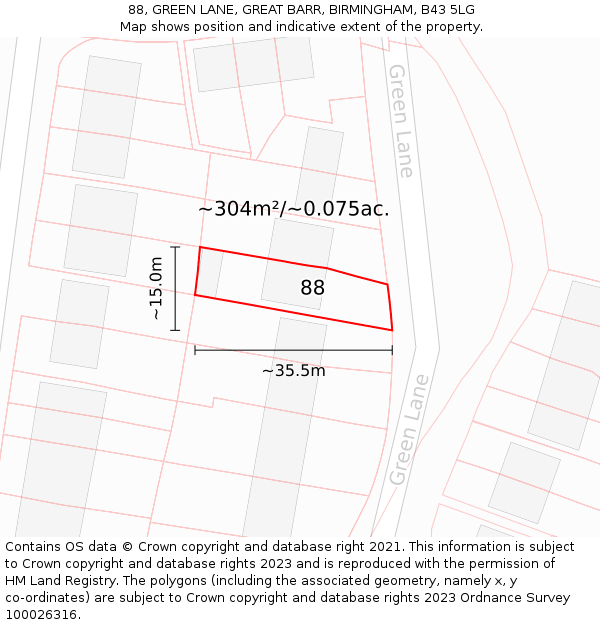 88, GREEN LANE, GREAT BARR, BIRMINGHAM, B43 5LG: Plot and title map