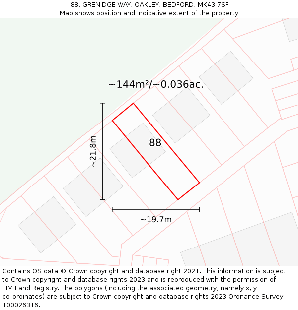 88, GRENIDGE WAY, OAKLEY, BEDFORD, MK43 7SF: Plot and title map