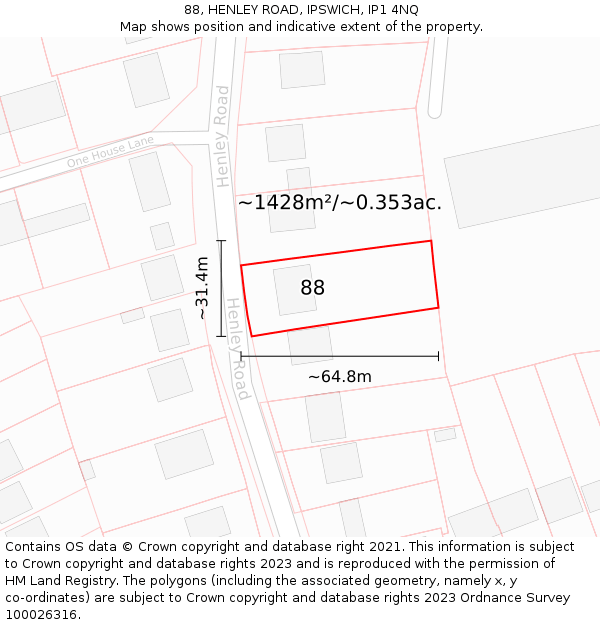 88, HENLEY ROAD, IPSWICH, IP1 4NQ: Plot and title map