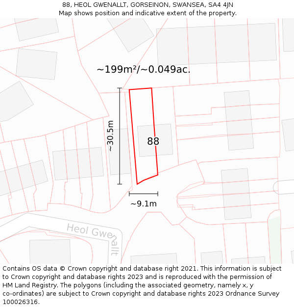 88, HEOL GWENALLT, GORSEINON, SWANSEA, SA4 4JN: Plot and title map