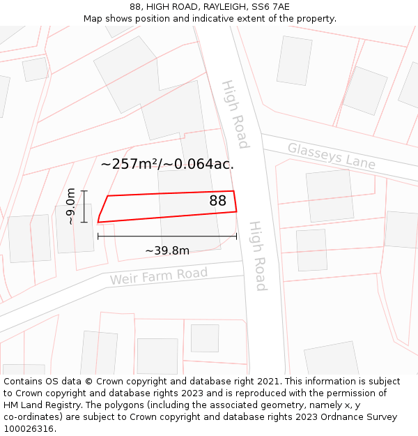 88, HIGH ROAD, RAYLEIGH, SS6 7AE: Plot and title map