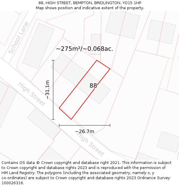 88, HIGH STREET, BEMPTON, BRIDLINGTON, YO15 1HP: Plot and title map