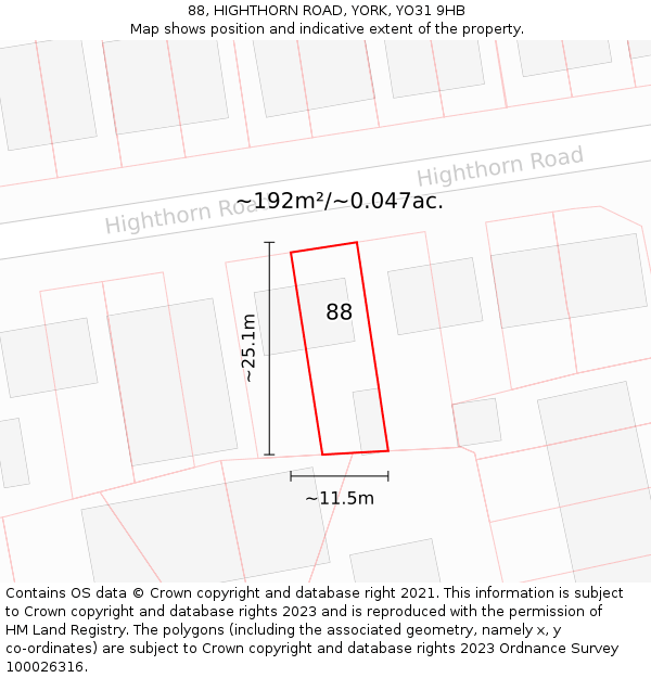 88, HIGHTHORN ROAD, YORK, YO31 9HB: Plot and title map