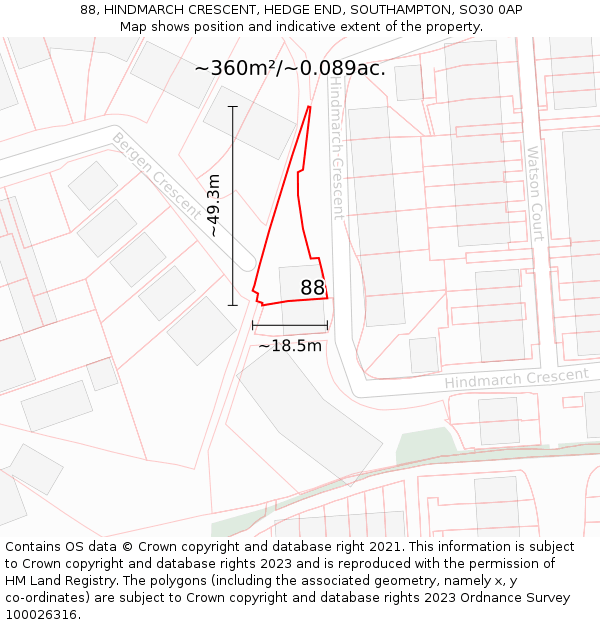 88, HINDMARCH CRESCENT, HEDGE END, SOUTHAMPTON, SO30 0AP: Plot and title map