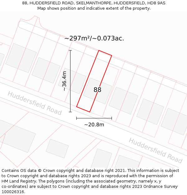 88, HUDDERSFIELD ROAD, SKELMANTHORPE, HUDDERSFIELD, HD8 9AS: Plot and title map