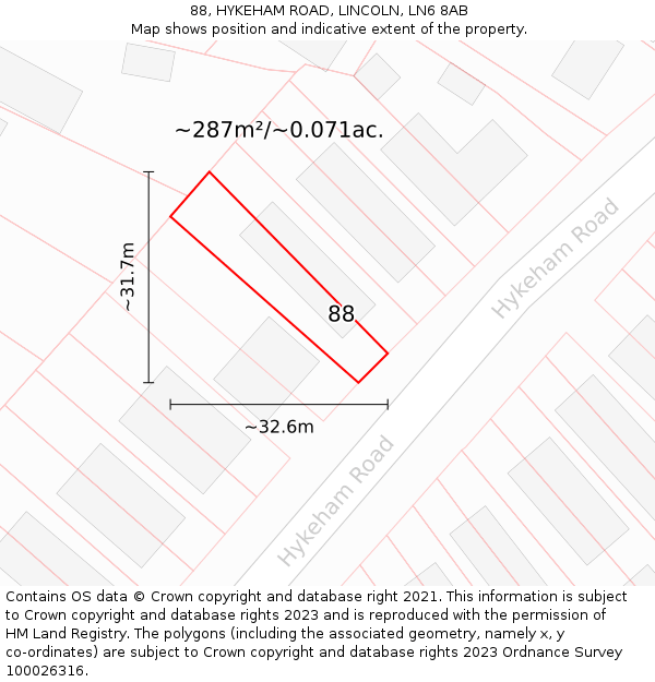 88, HYKEHAM ROAD, LINCOLN, LN6 8AB: Plot and title map