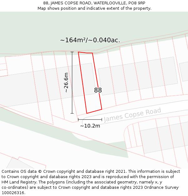 88, JAMES COPSE ROAD, WATERLOOVILLE, PO8 9RP: Plot and title map