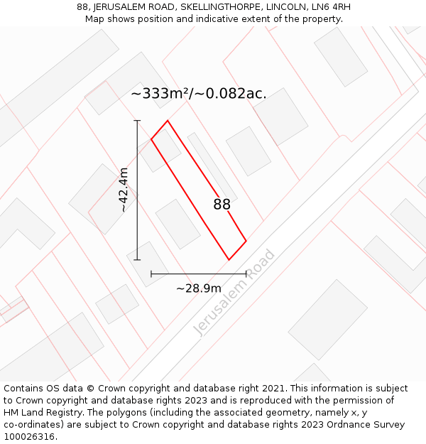 88, JERUSALEM ROAD, SKELLINGTHORPE, LINCOLN, LN6 4RH: Plot and title map