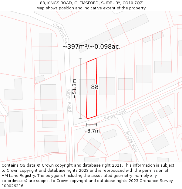 88, KINGS ROAD, GLEMSFORD, SUDBURY, CO10 7QZ: Plot and title map