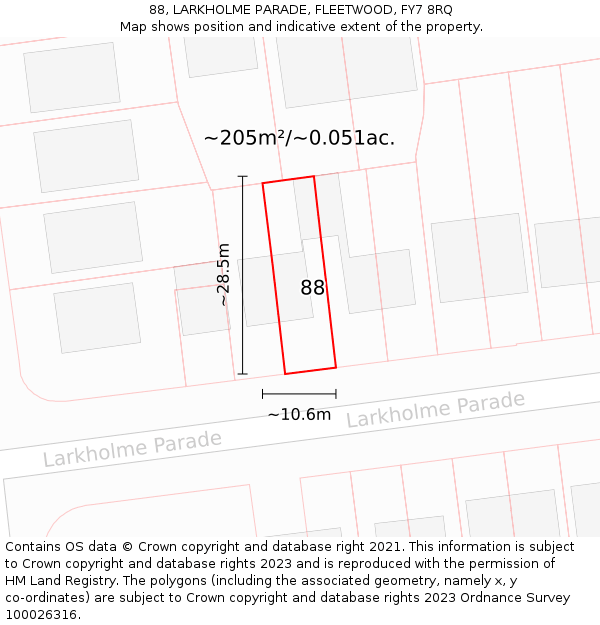 88, LARKHOLME PARADE, FLEETWOOD, FY7 8RQ: Plot and title map