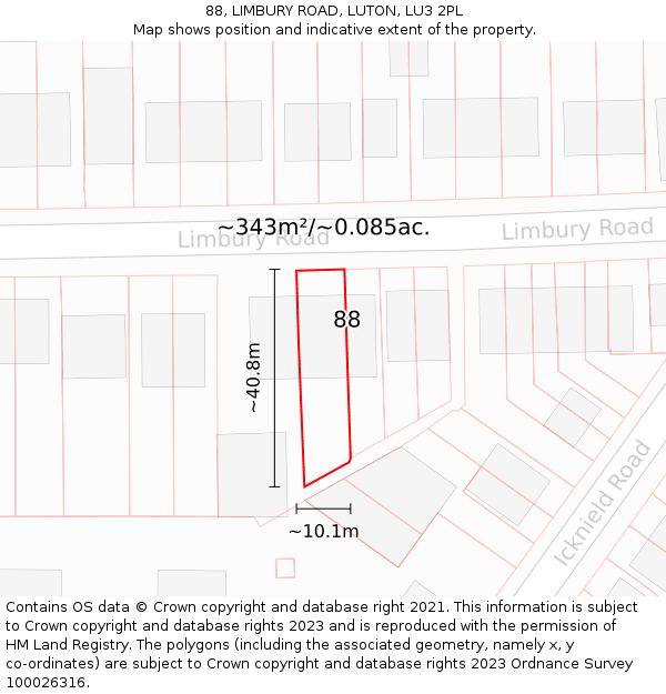 88, LIMBURY ROAD, LUTON, LU3 2PL: Plot and title map