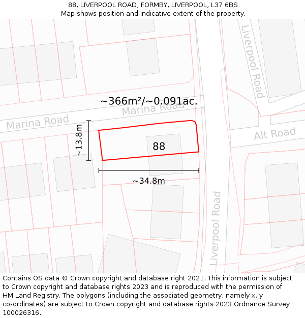 88, LIVERPOOL ROAD, FORMBY, LIVERPOOL, L37 6BS: Plot and title map