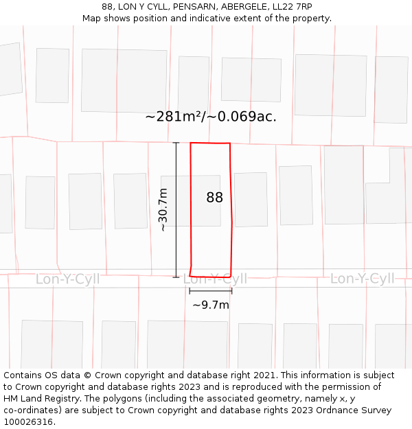 88, LON Y CYLL, PENSARN, ABERGELE, LL22 7RP: Plot and title map