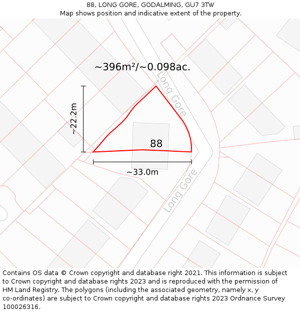 88, LONG GORE, GODALMING, GU7 3TW: Plot and title map