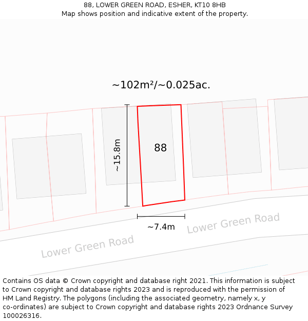 88, LOWER GREEN ROAD, ESHER, KT10 8HB: Plot and title map