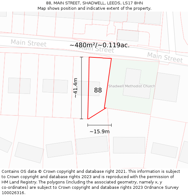 88, MAIN STREET, SHADWELL, LEEDS, LS17 8HN: Plot and title map