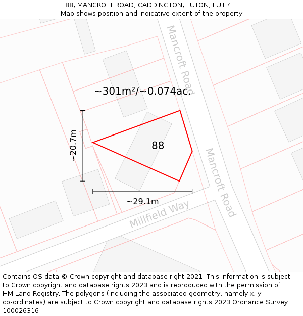 88, MANCROFT ROAD, CADDINGTON, LUTON, LU1 4EL: Plot and title map