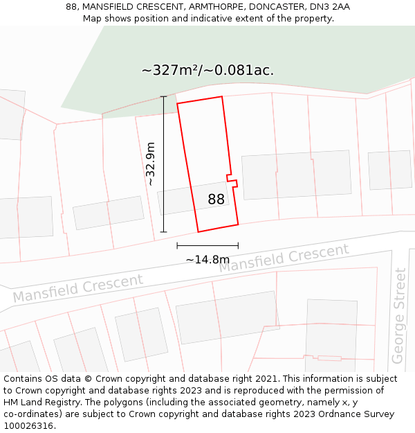 88, MANSFIELD CRESCENT, ARMTHORPE, DONCASTER, DN3 2AA: Plot and title map