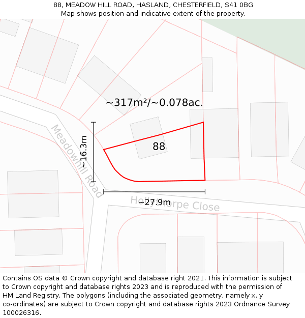 88, MEADOW HILL ROAD, HASLAND, CHESTERFIELD, S41 0BG: Plot and title map